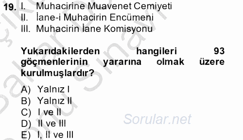 Osmanlı´da İskan ve Göç 2014 - 2015 Dönem Sonu Sınavı 19.Soru