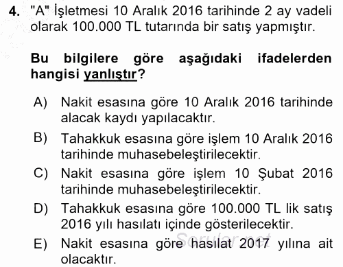 Finansal Tablolar Analizi 2016 - 2017 Ara Sınavı 4.Soru