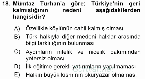 Türk Sosyologları 2015 - 2016 Tek Ders Sınavı 18.Soru