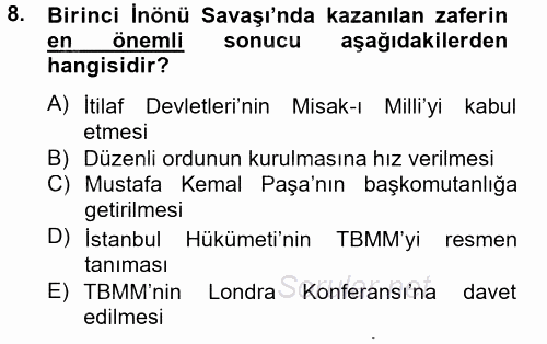Atatürk İlkeleri Ve İnkılap Tarihi 1 2012 - 2013 Dönem Sonu Sınavı 8.Soru