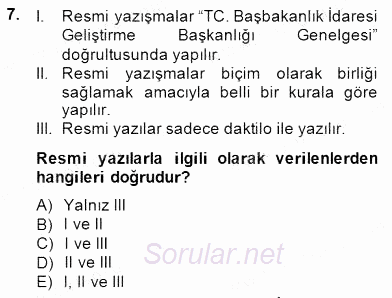 Türkçe Yazılı Anlatım 2014 - 2015 Dönem Sonu Sınavı 7.Soru