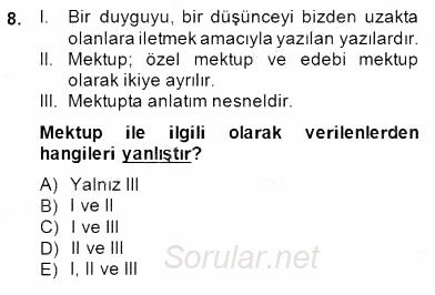 Türkçe Yazılı Anlatım 2014 - 2015 Dönem Sonu Sınavı 8.Soru