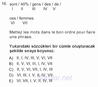 Fransızca 1 2012 - 2013 Tek Ders Sınavı 16.Soru