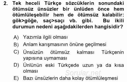 Türkçe Ses Bilgisi 2015 - 2016 Ara Sınavı 2.Soru