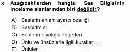 Türkçe Ses Bilgisi 2015 - 2016 Ara Sınavı 8.Soru