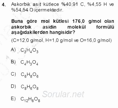 Genel Kimya 1 2013 - 2014 Dönem Sonu Sınavı 4.Soru