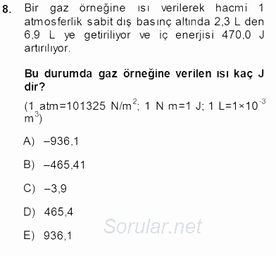 Genel Kimya 1 2013 - 2014 Dönem Sonu Sınavı 8.Soru