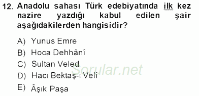 XIV-XV. Yüzyıllar Türk Edebiyatı 2014 - 2015 Dönem Sonu Sınavı 12.Soru