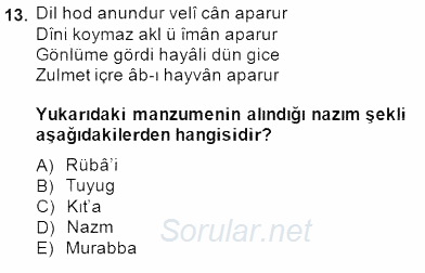 XIV-XV. Yüzyıllar Türk Edebiyatı 2014 - 2015 Dönem Sonu Sınavı 13.Soru