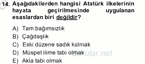 Atatürk İlkeleri Ve İnkılap Tarihi 2 2013 - 2014 Ara Sınavı 14.Soru