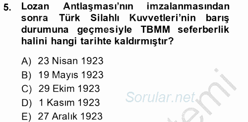Atatürk İlkeleri Ve İnkılap Tarihi 2 2013 - 2014 Ara Sınavı 5.Soru