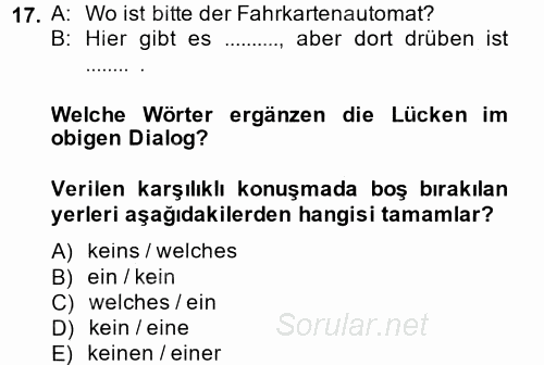 Almanca 2 2013 - 2014 Tek Ders Sınavı 17.Soru