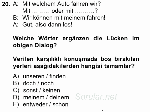 Almanca 2 2013 - 2014 Tek Ders Sınavı 20.Soru