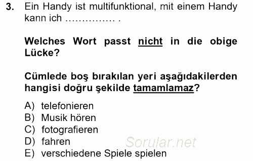Almanca 2 2013 - 2014 Tek Ders Sınavı 3.Soru