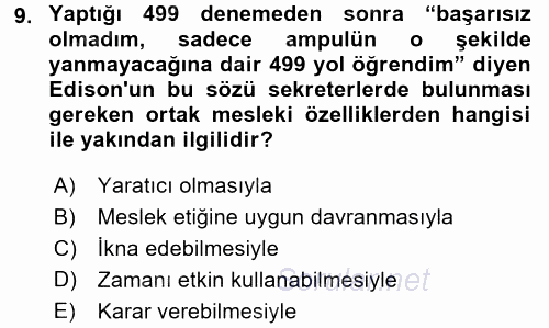 Yönetici Asistanlığı 2016 - 2017 Ara Sınavı 9.Soru