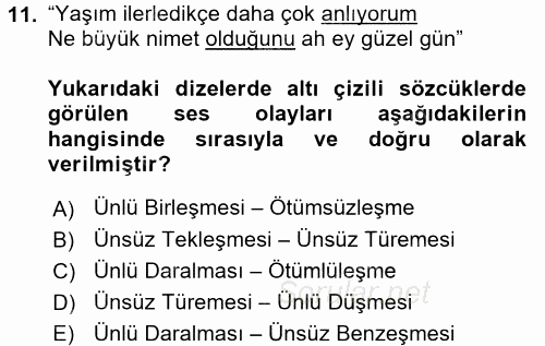Türk Dili 1 2016 - 2017 Ara Sınavı 11.Soru
