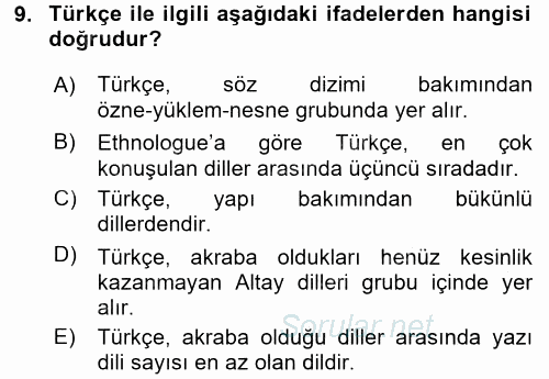 Türk Dili 1 2016 - 2017 Ara Sınavı 9.Soru