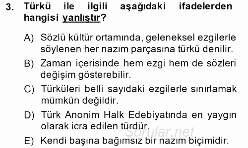 Halk Edebiyatına Giriş 2 2014 - 2015 Ara Sınavı 3.Soru