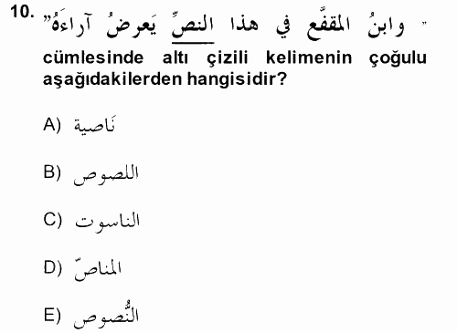 Arapça 4 2014 - 2015 Tek Ders Sınavı 10.Soru