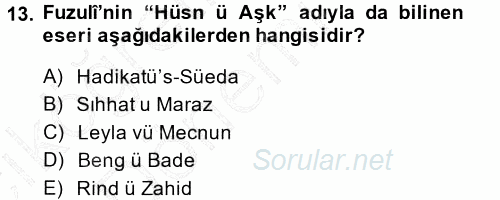 XVI. Yüzyıl Türk Edebiyatı 2014 - 2015 Ara Sınavı 13.Soru
