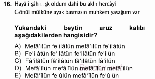 XVI. Yüzyıl Türk Edebiyatı 2014 - 2015 Ara Sınavı 16.Soru