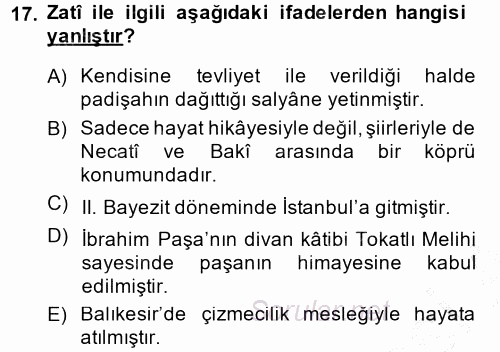 XVI. Yüzyıl Türk Edebiyatı 2014 - 2015 Ara Sınavı 17.Soru