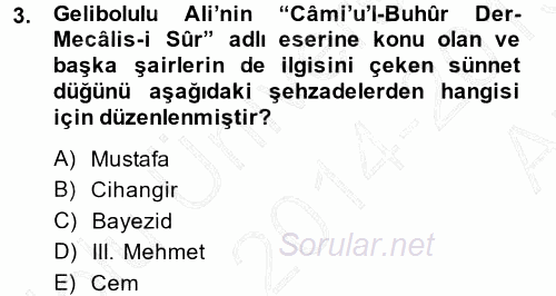 XVI. Yüzyıl Türk Edebiyatı 2014 - 2015 Ara Sınavı 3.Soru