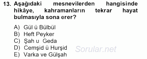 XVI. Yüzyıl Türk Edebiyatı 2012 - 2013 Dönem Sonu Sınavı 13.Soru