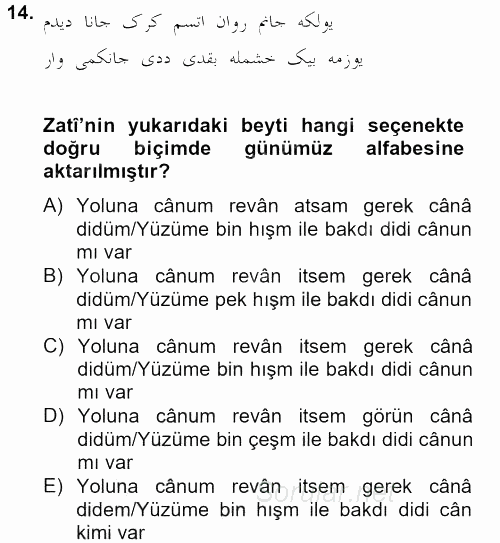 XVI. Yüzyıl Türk Edebiyatı 2012 - 2013 Dönem Sonu Sınavı 14.Soru