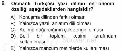 Osmanlı Türkçesine Giriş 1 2012 - 2013 Ara Sınavı 6.Soru