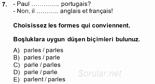 Fransızca 1 2014 - 2015 Ara Sınavı 7.Soru