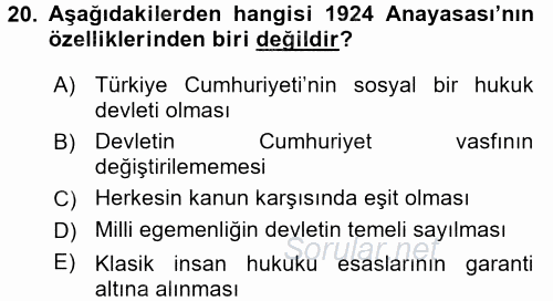 Atatürk İlkeleri Ve İnkılap Tarihi 2 2017 - 2018 Ara Sınavı 20.Soru