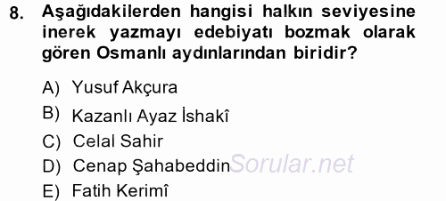 XIX. Yüzyıl Türk Dünyası 2014 - 2015 Dönem Sonu Sınavı 8.Soru
