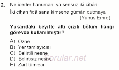 Türkçe Cümle Bilgisi 2 2012 - 2013 Dönem Sonu Sınavı 2.Soru
