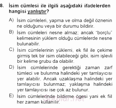 Türkçe Cümle Bilgisi 2 2012 - 2013 Dönem Sonu Sınavı 8.Soru