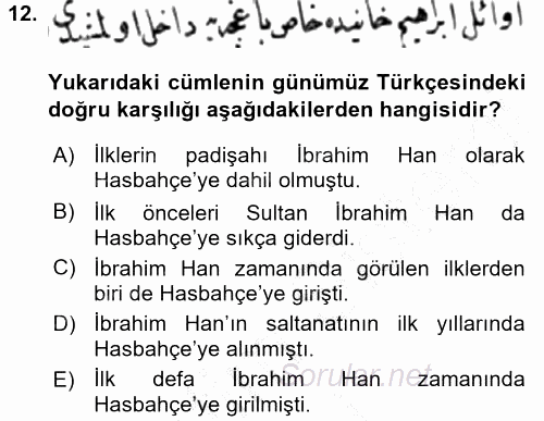 Osmanlı Türkçesi Metinleri 1 2015 - 2016 Dönem Sonu Sınavı 12.Soru