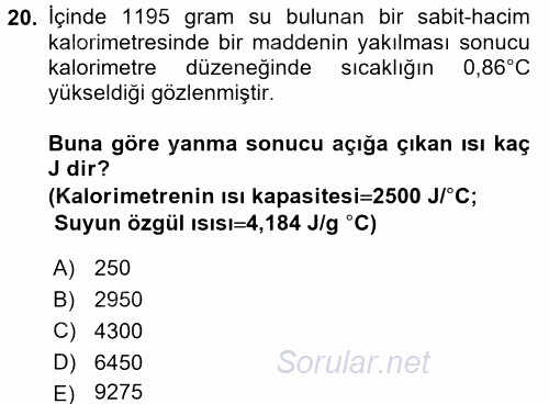 Genel Kimya 1 2017 - 2018 Ara Sınavı 20.Soru