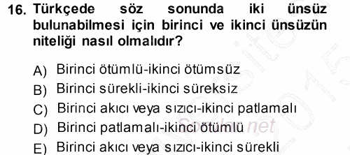 Türkçe Ses Bilgisi 2014 - 2015 Ara Sınavı 16.Soru