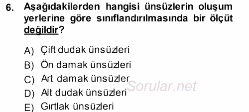 Türkçe Ses Bilgisi 2014 - 2015 Ara Sınavı 6.Soru