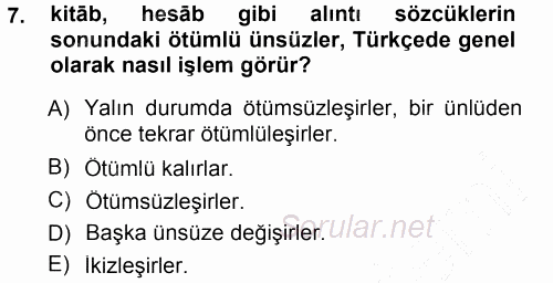 Türkçe Ses Bilgisi 2014 - 2015 Ara Sınavı 7.Soru