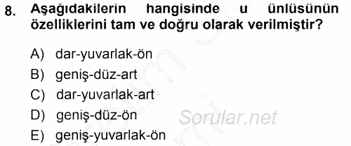 Türkçe Ses Bilgisi 2014 - 2015 Ara Sınavı 8.Soru