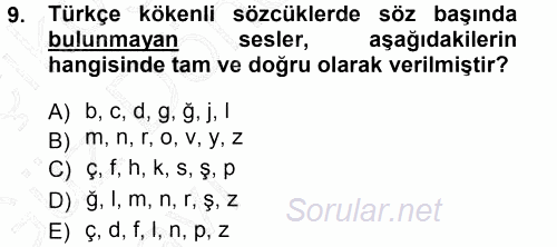 Türkçe Ses Bilgisi 2014 - 2015 Ara Sınavı 9.Soru