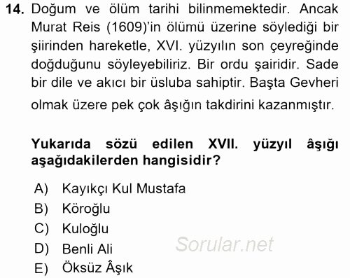 Türk Halk Şiiri 2015 - 2016 Tek Ders Sınavı 14.Soru