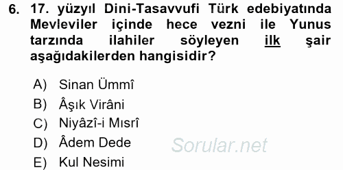 Türk Halk Şiiri 2015 - 2016 Tek Ders Sınavı 6.Soru