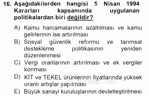 Türkiye Ekonomisi 2012 - 2013 Dönem Sonu Sınavı 16.Soru
