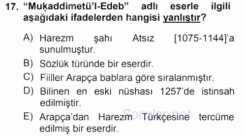 XI-XIII. Yüzyıllar Türk Dili 2012 - 2013 Dönem Sonu Sınavı 17.Soru