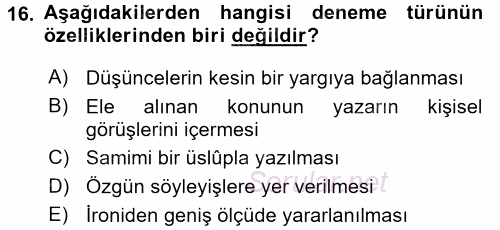 Türk Dili 2 2015 - 2016 Ara Sınavı 16.Soru