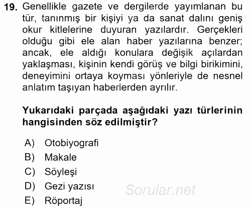 Türk Dili 2 2015 - 2016 Ara Sınavı 19.Soru