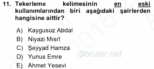 Türk Halk Şiiri 2015 - 2016 Ara Sınavı 11.Soru