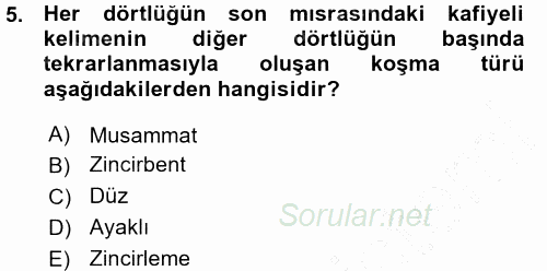 Türk Halk Şiiri 2015 - 2016 Ara Sınavı 5.Soru